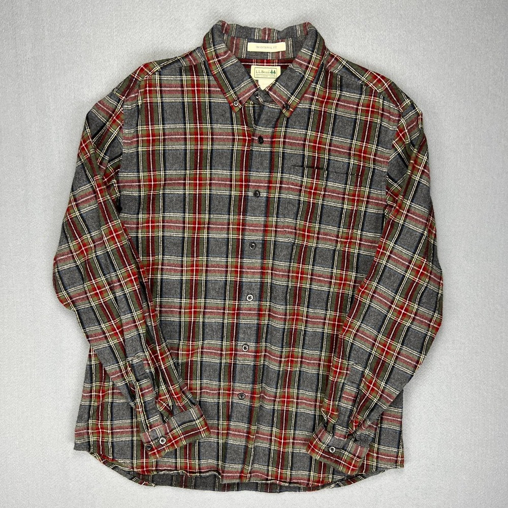 LL Bean Flannel Shirt Mens L -Reg LS Traditional Fit Red Gray Plaid Button Down